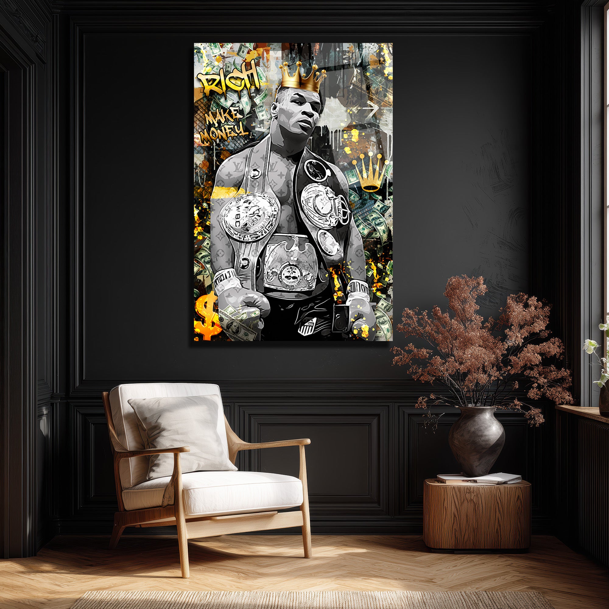 Demir Mike Tyson Kral Tacı ve Para Temalı Sanat Cam Tablo