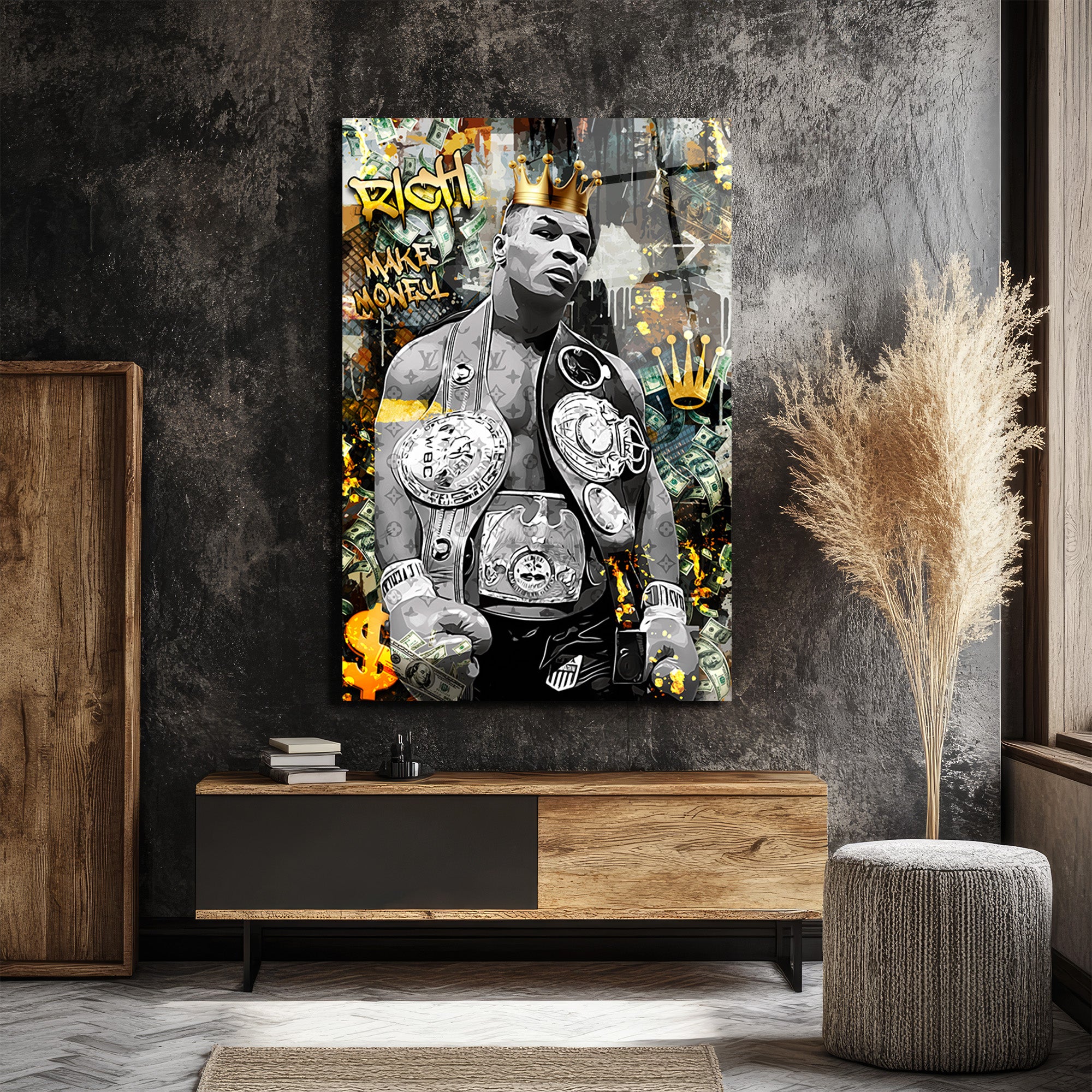 Demir Mike Tyson Kral Tacı ve Para Temalı Sanat Cam Tablo