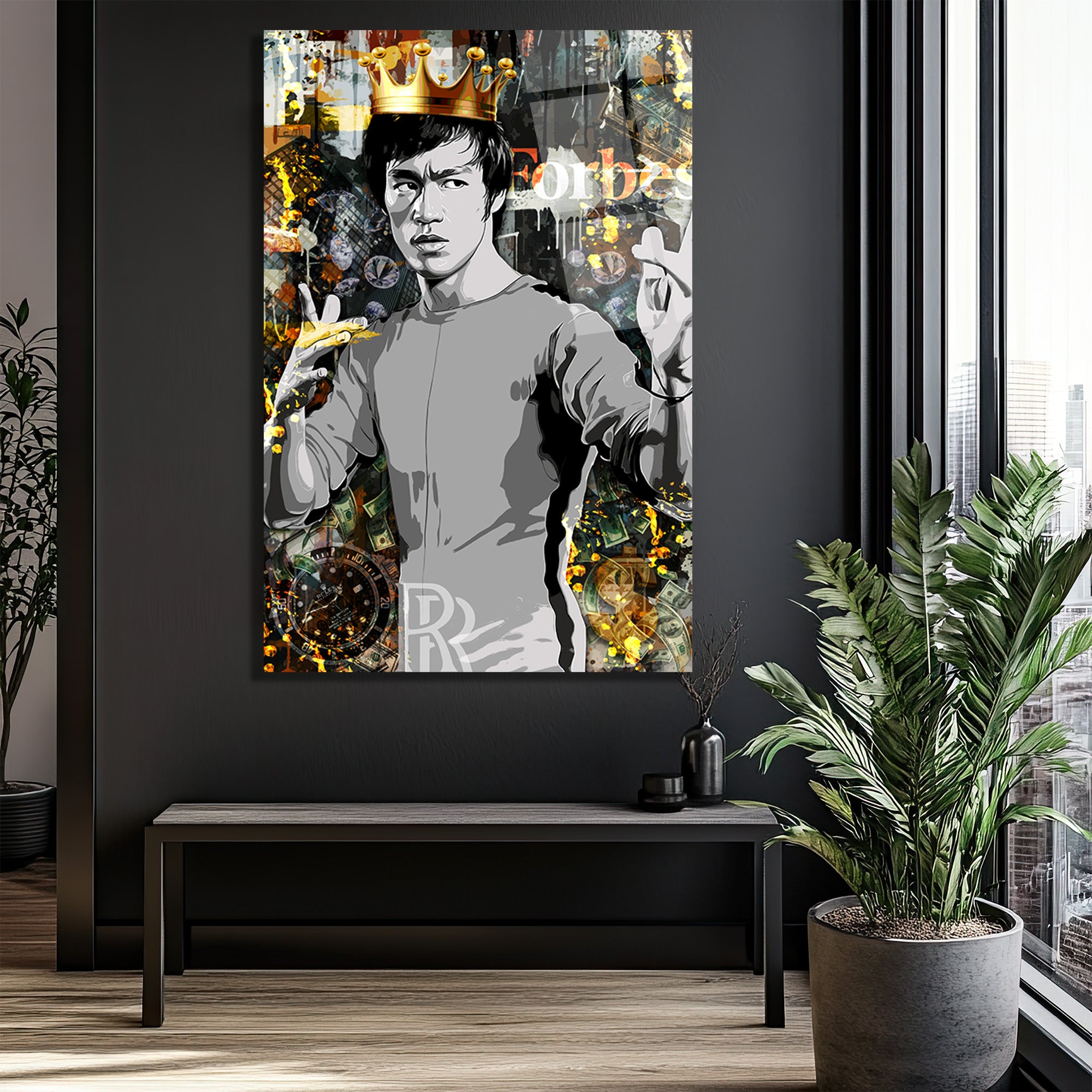 Efsane Bruce Lee Kral Taçlı Modern Cam Tablo
