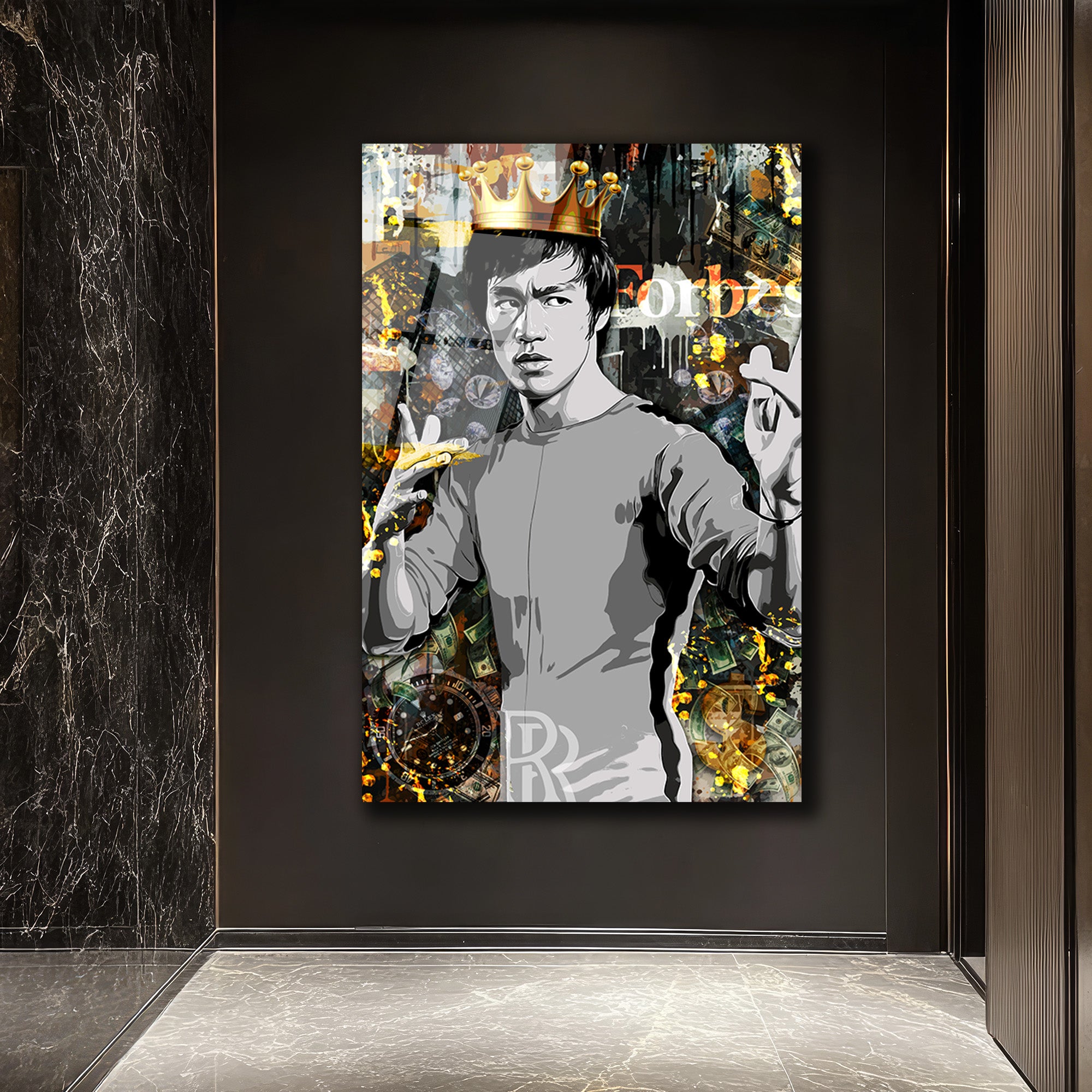 Efsane Bruce Lee Kral Taçlı Modern Cam Tablo