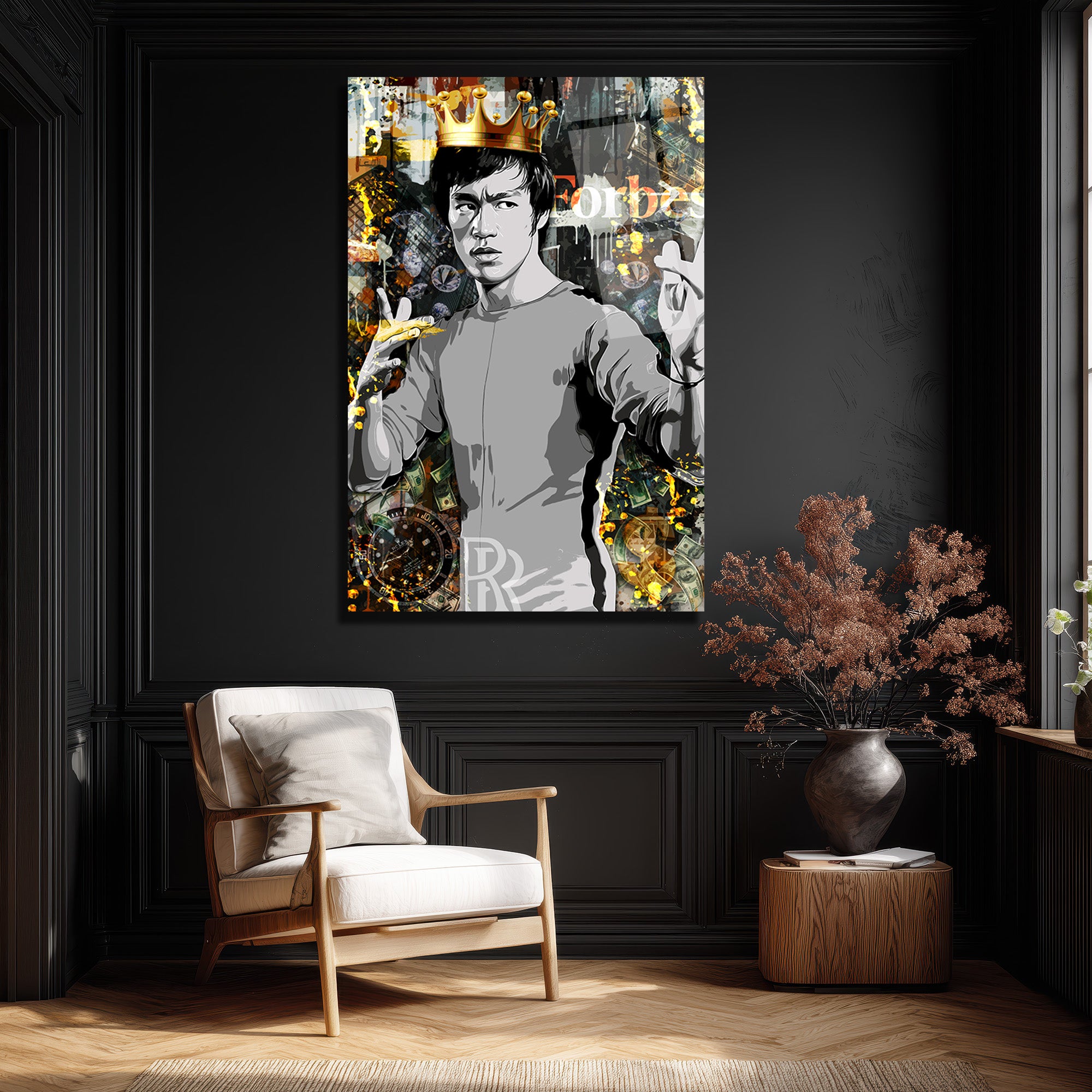 Efsane Bruce Lee Kral Taçlı Modern Cam Tablo
