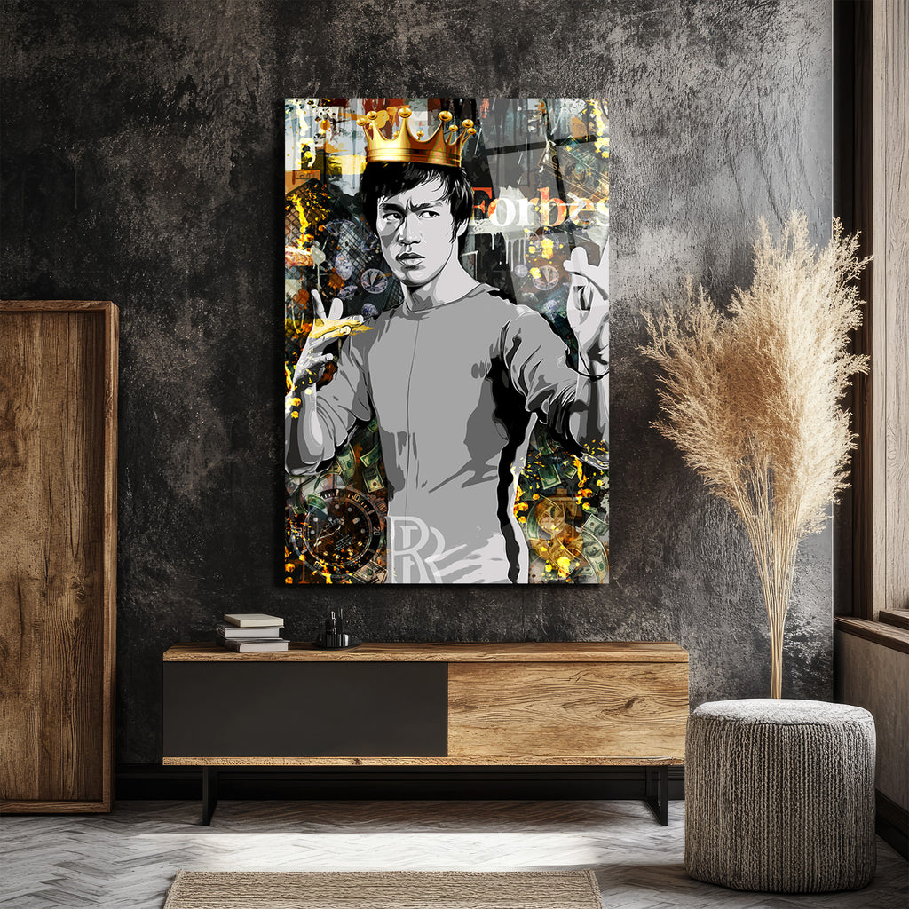 Efsane Bruce Lee Kral Taçlı Modern Cam Tablo