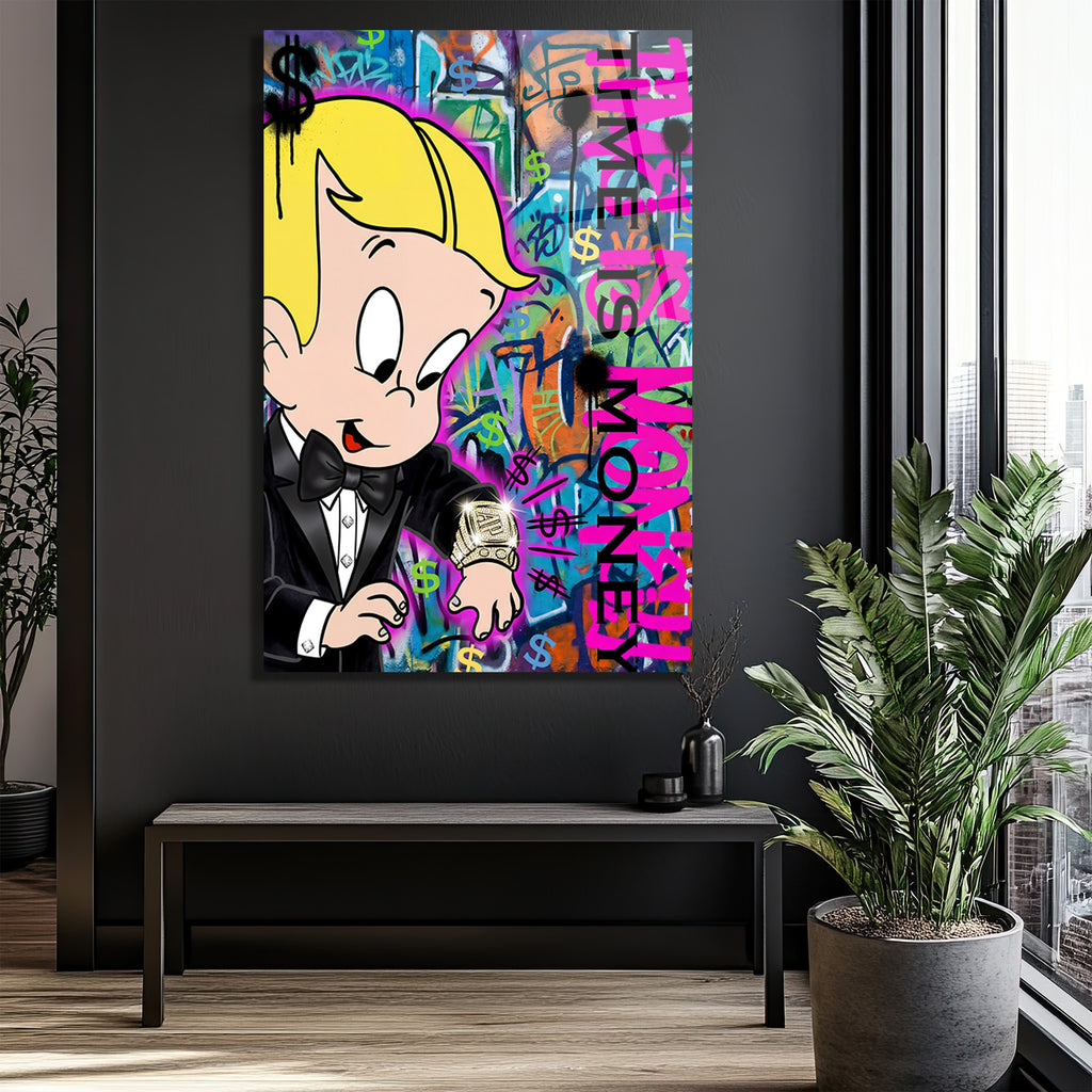 Lüks  Pop Art Cam Tablo - Time Is Money
