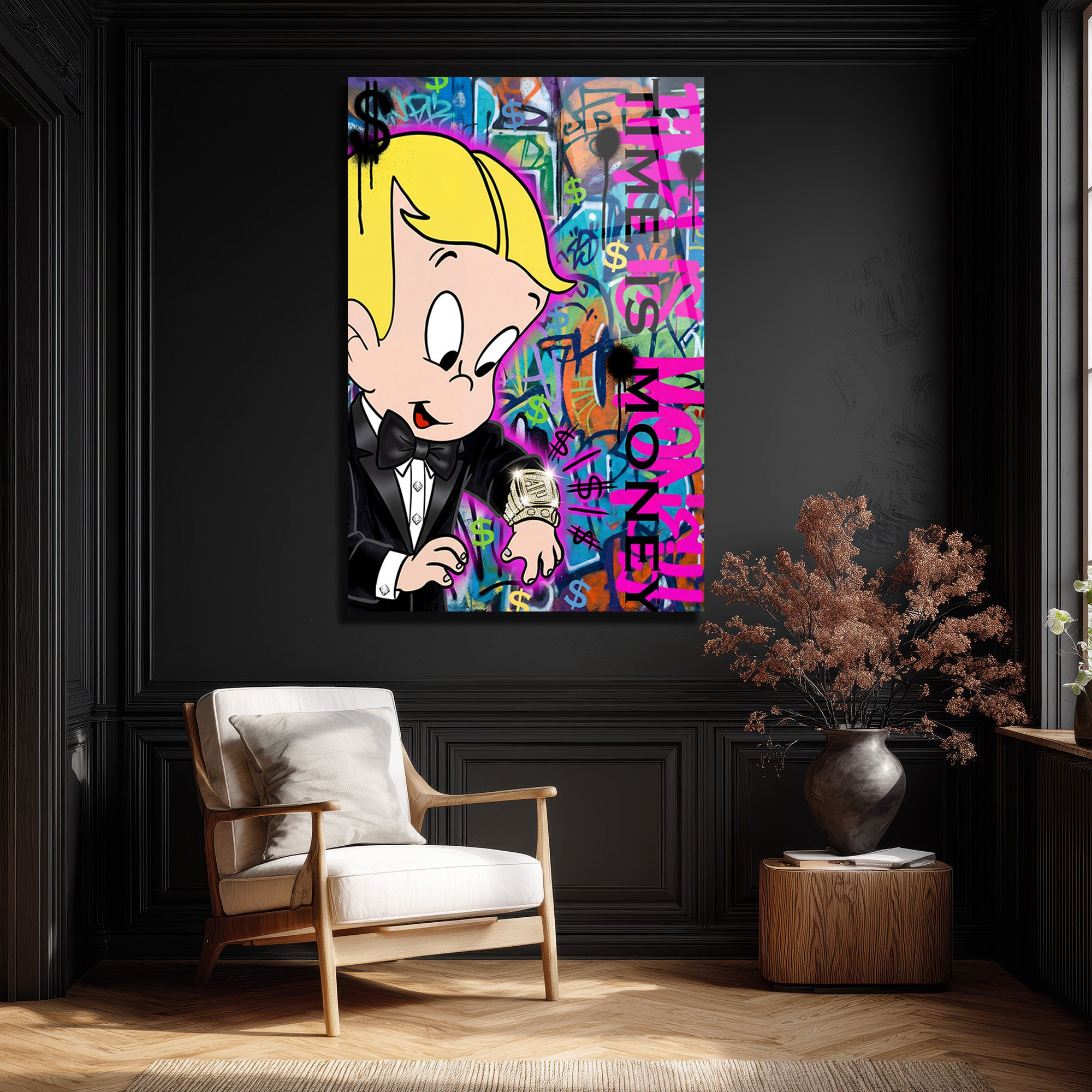 Lüks  Pop Art Cam Tablo - Time Is Money