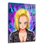 Dragon Ball karakteri Android 18'in punk tarzı, sarı saçlı ve mavi gözlü portresi, arkasında mor ve turkuaz graffiti efektli olan cam tablo. Karakter siyah deri ceket giyiyor ve sol gözünün altında Japonca 'SAYBORG' yazısı dövmesi var.