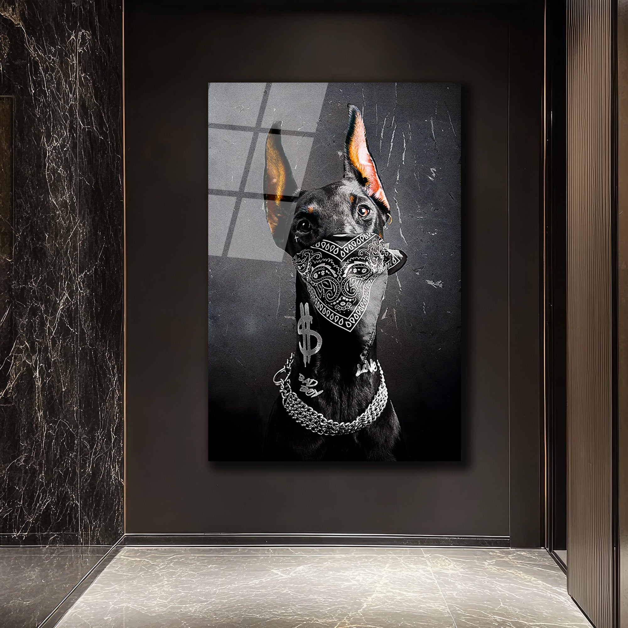 Gangster Doberman Köpek Cam Tablo - Sokak Sanatı ve Asalet Buluşması