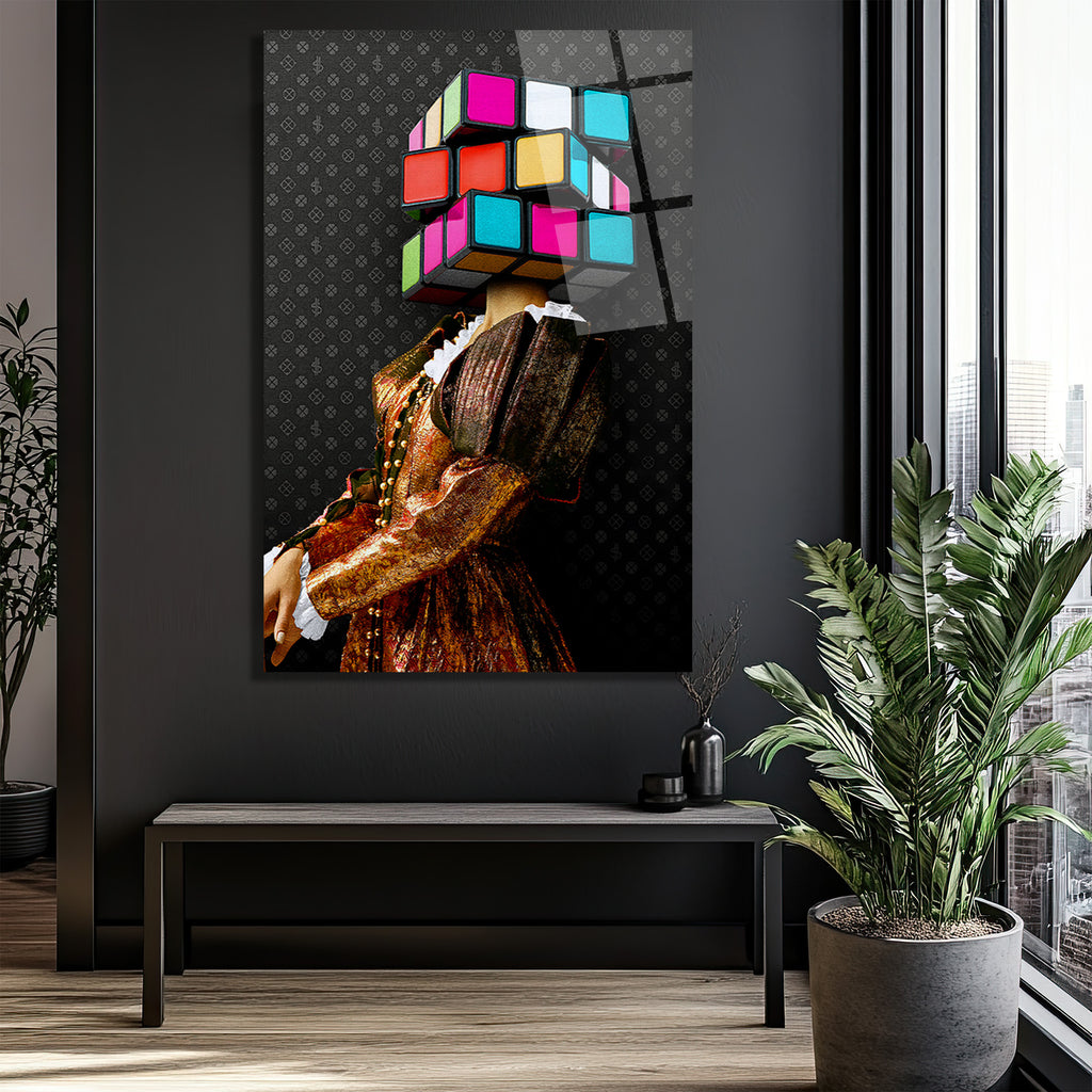 Rubik Kafa Modern Sanat Cam Tablo - Glazella Özel Seri