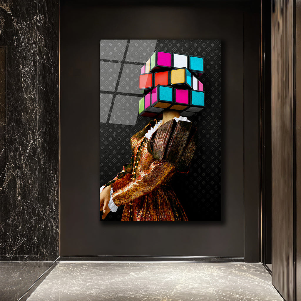 Rubik Kafa Modern Sanat Cam Tablo - Glazella Özel Seri