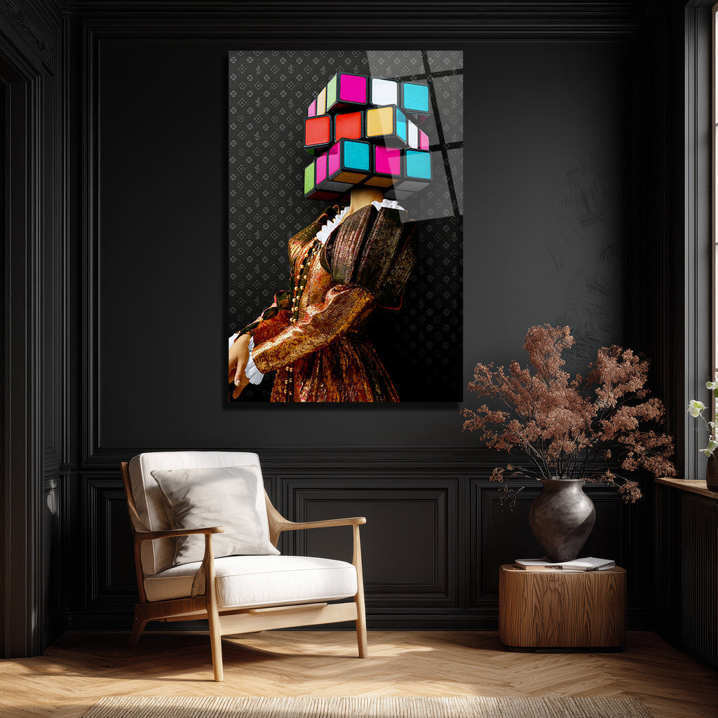 Rubik Kafa Modern Sanat Cam Tablo - Glazella Özel Seri