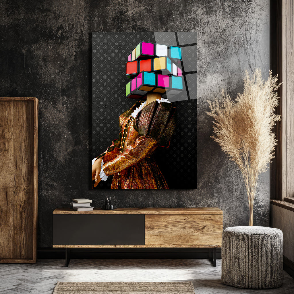 Rubik Kafa Modern Sanat Cam Tablo - Glazella Özel Seri