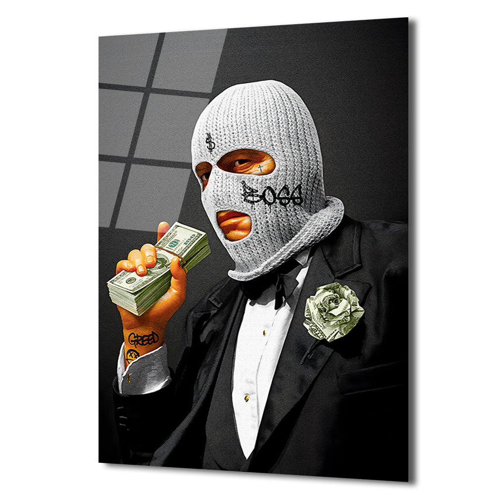 Boss  ve Dolar Detaylı Cam Tablo | Modern Sanat Duvar Dekoru