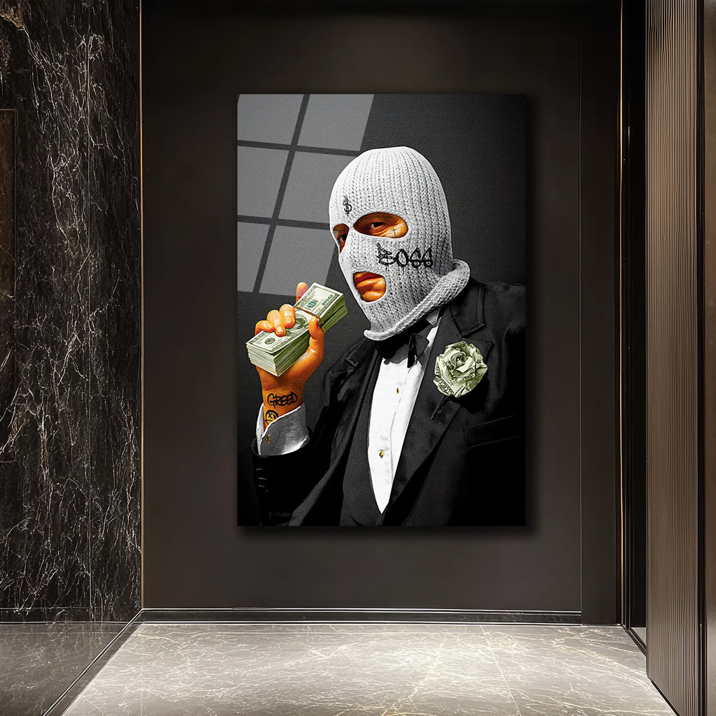 Boss  ve Dolar Detaylı Cam Tablo | Modern Sanat Duvar Dekoru