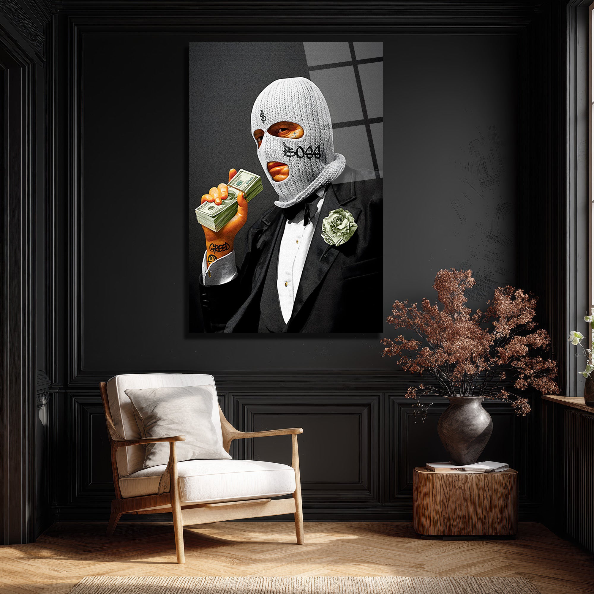 Boss  ve Dolar Detaylı Cam Tablo | Modern Sanat Duvar Dekoru