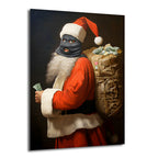 Siyah balaklava takmış, elinde para tutan ve sırtında para dolu çuval taşıyan, kırmızı Noel Baba kostümlü, modern ve asi bir Noel Baba figürünü gösteren sanatsal cam tablo.