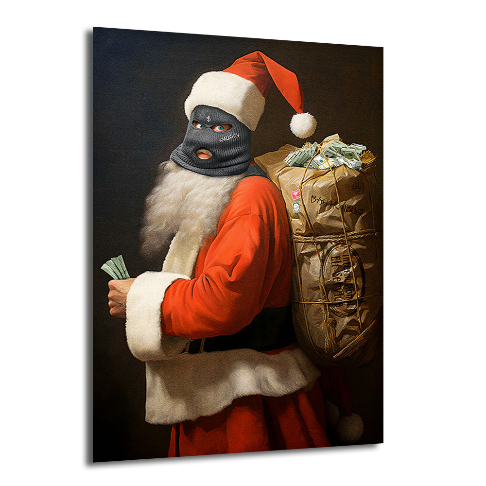 Siyah balaklava takmış, elinde para tutan ve sırtında para dolu çuval taşıyan, kırmızı Noel Baba kostümlü, modern ve asi bir Noel Baba figürünü gösteren sanatsal cam tablo.