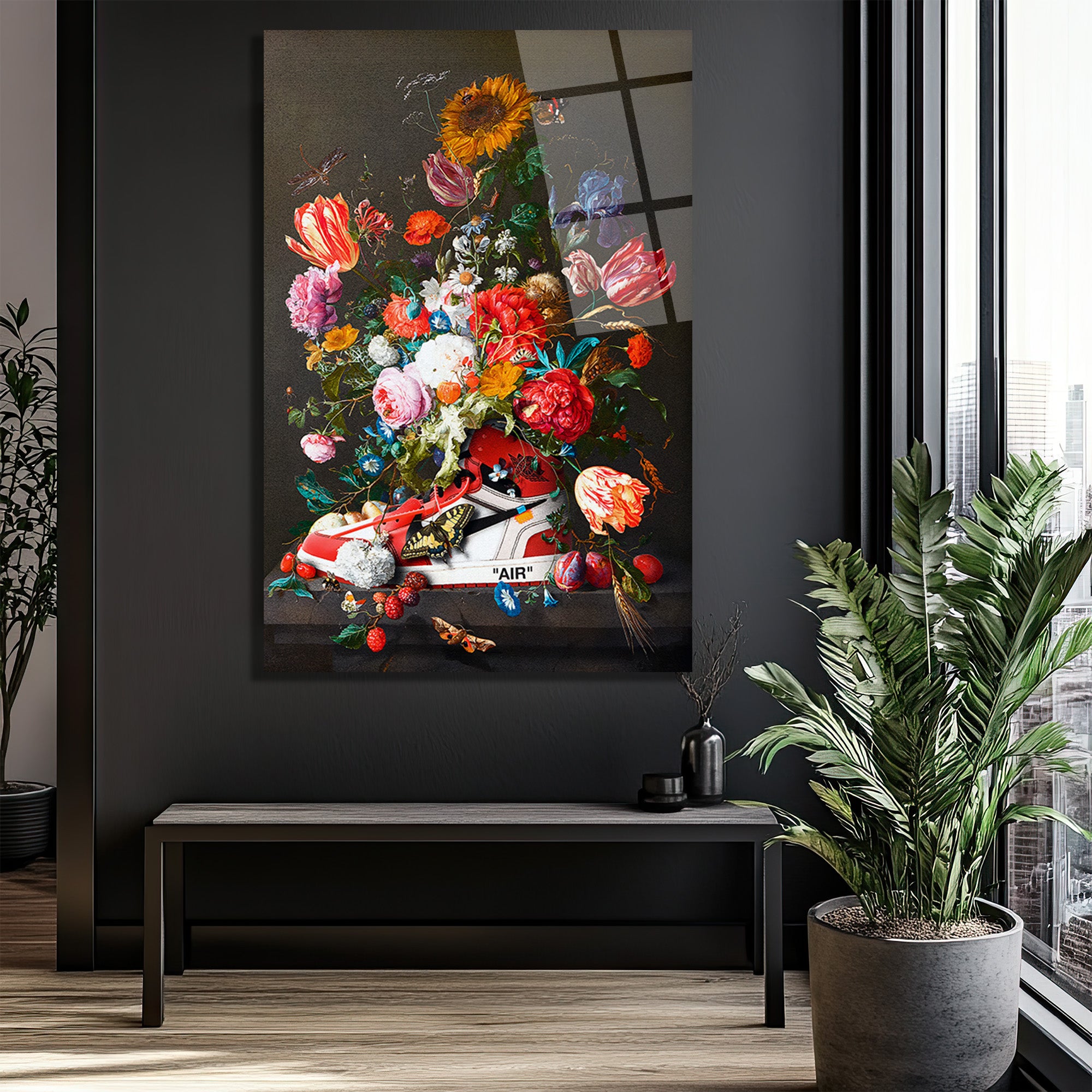 Çiçek Buketi  Temalı Modern Sanat Cam Tablo