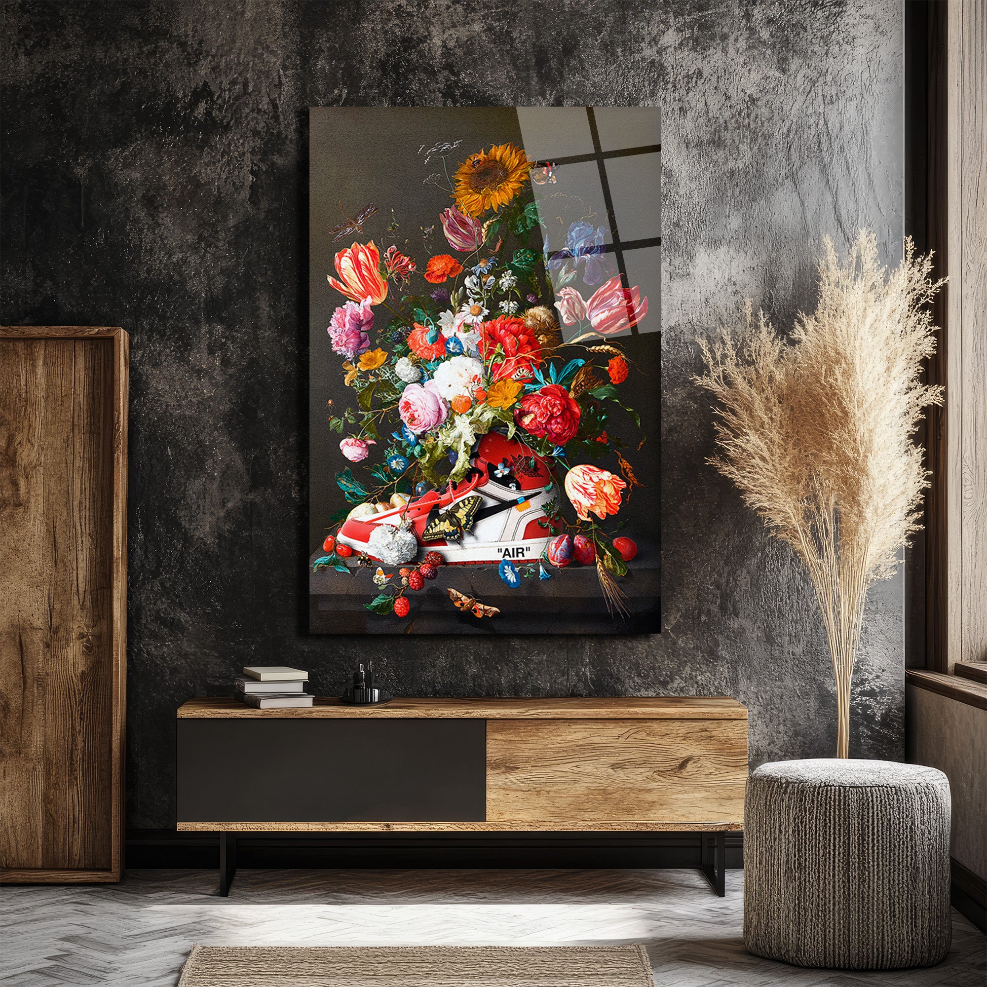 Çiçek Buketi  Temalı Modern Sanat Cam Tablo