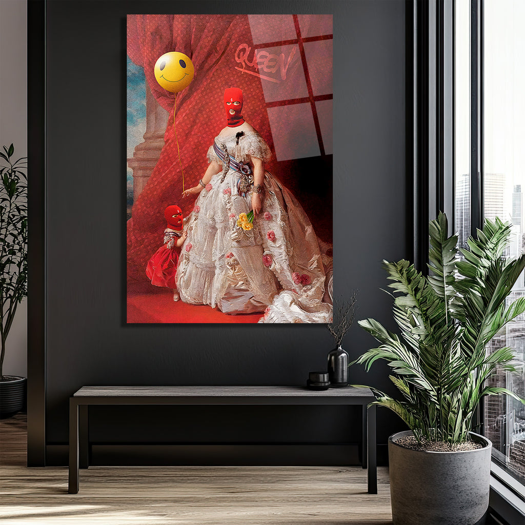Asi Kraliçe ve Smiley Balon Temalı Modern Sanat Cam Tablo