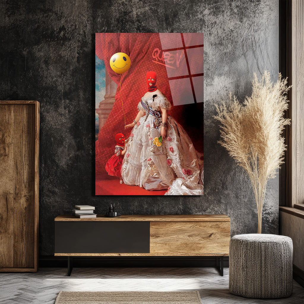 Asi Kraliçe ve Smiley Balon Temalı Modern Sanat Cam Tablo