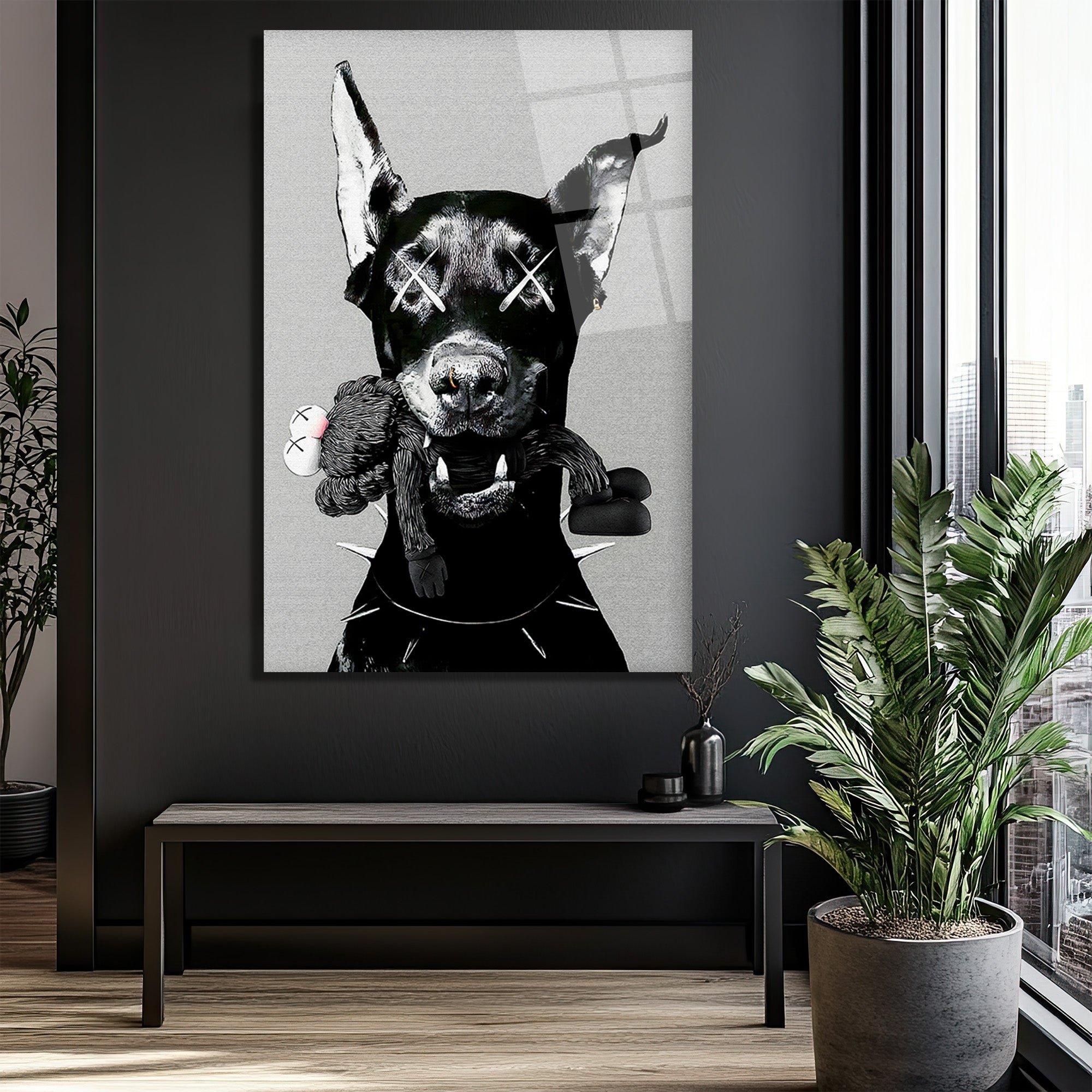 Asi Doberman ve Arkadaşı Modern Cam Tablo