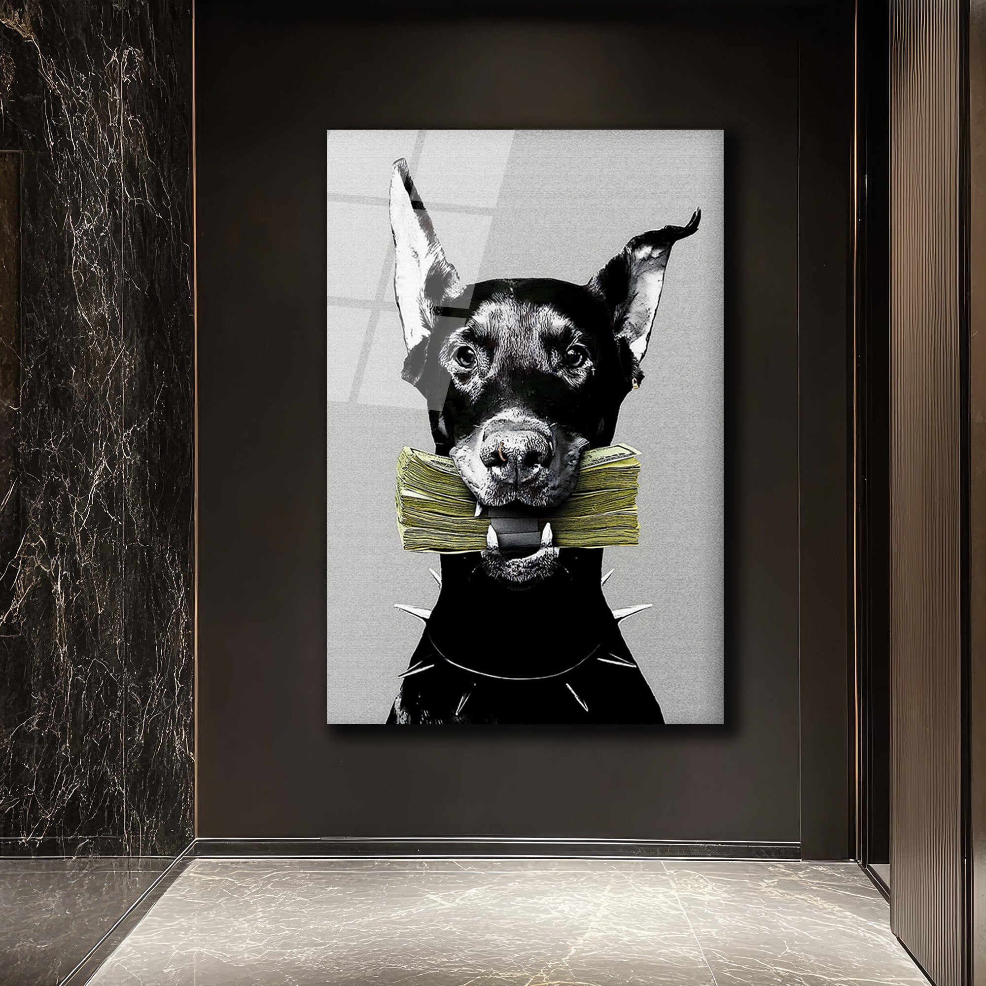 Para Getiren Güçlü Doberman Cam Tablo - Lüks ve Modern Duvar Sanatı