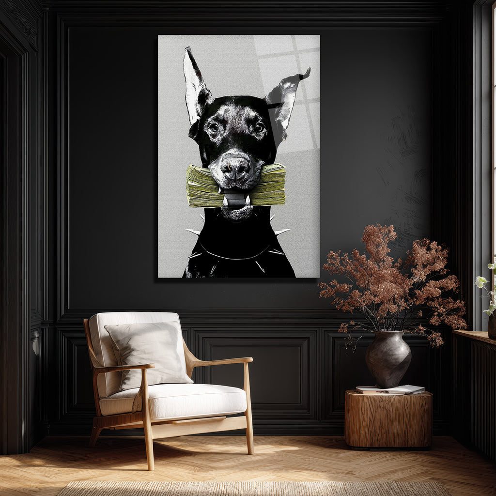 Para Getiren Güçlü Doberman Cam Tablo - Lüks ve Modern Duvar Sanatı
