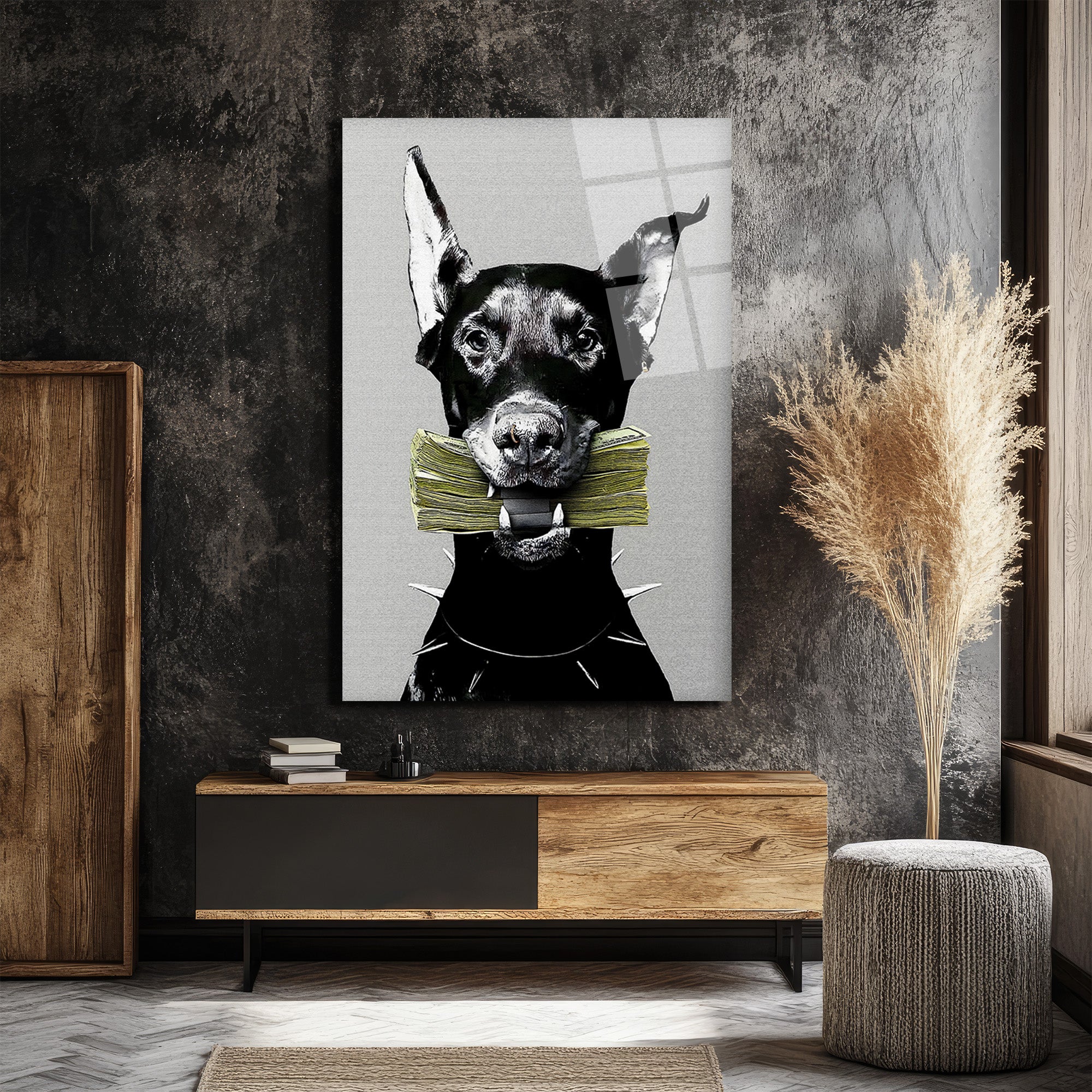 Para Getiren Güçlü Doberman Cam Tablo - Lüks ve Modern Duvar Sanatı