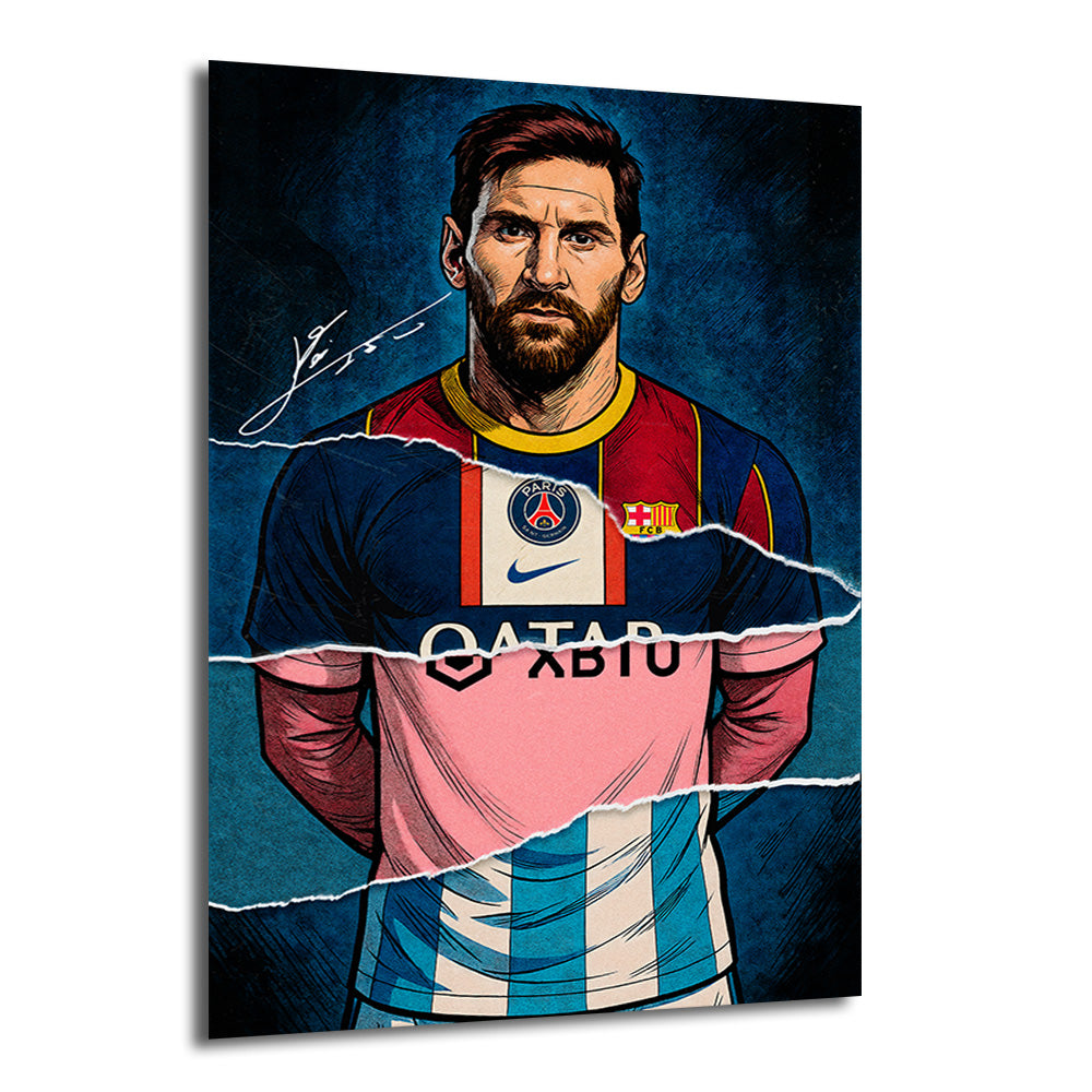 Mavi ve koyu arka plan üzerinde, Lionel Messi'nin PSG ve Barcelona formalarının parçalarından oluşan, sanatsal ve dinamik bir illüstrasyon cam tablo.