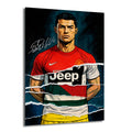 Cristiano Ronaldo'nun kırmızı Manchester United ve parçalı Juventus formalarıyla gösterildiği, arka planında koyu, çizik dokulu bir efekti olan, illüstrasyon tarzında bir cam tablo.