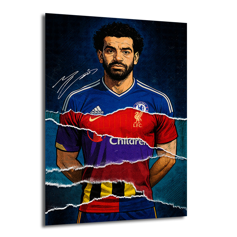 Mohamed Salah'ın kariyerindeki farklı futbol kulüplerinin formalarını yırtılmış efektle gösteren sanatsal çizim cam tablo. Mavi, kırmızı, mor ve sarı tonlarında formalar, koyu dokulu bir arka plan üzerinde yer alıyor.