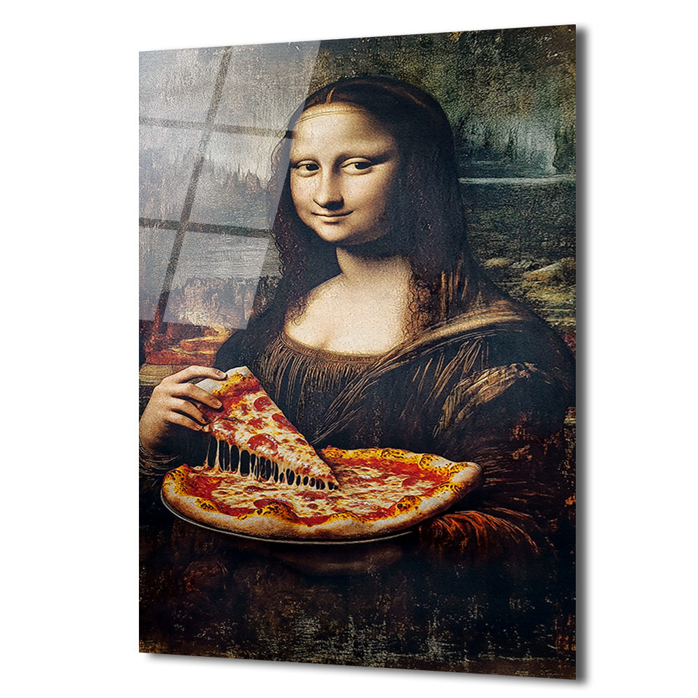 Mona Lisa Pizza Keyfi Cam Tablo - Modern Sanat Dokunuşu