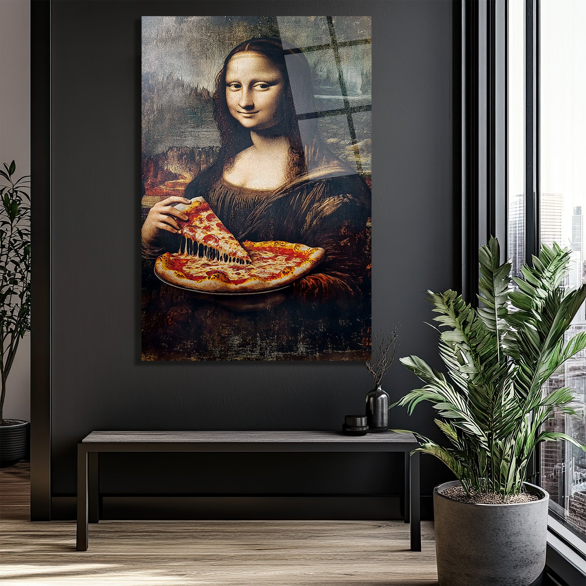 Mona Lisa Pizza Keyfi Cam Tablo - Modern Sanat Dokunuşu