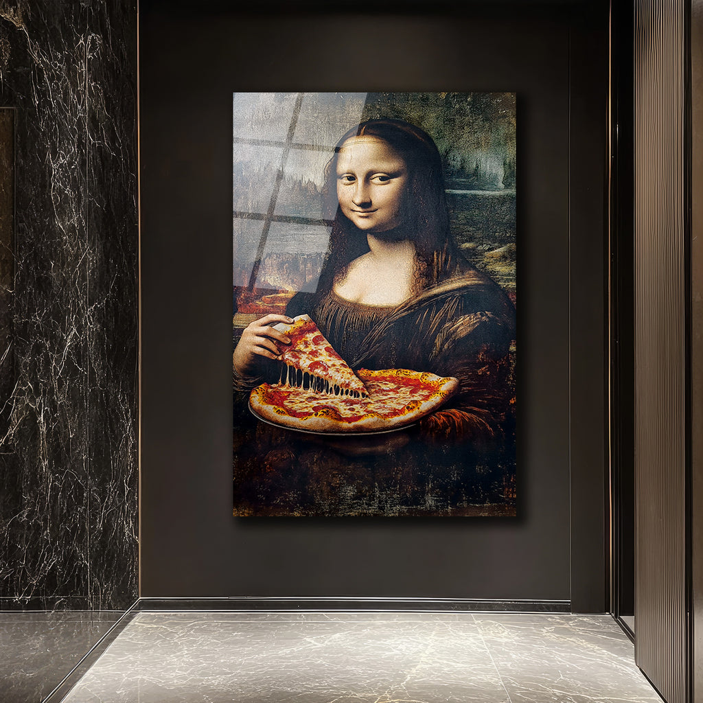 Mona Lisa Pizza Keyfi Cam Tablo - Modern Sanat Dokunuşu