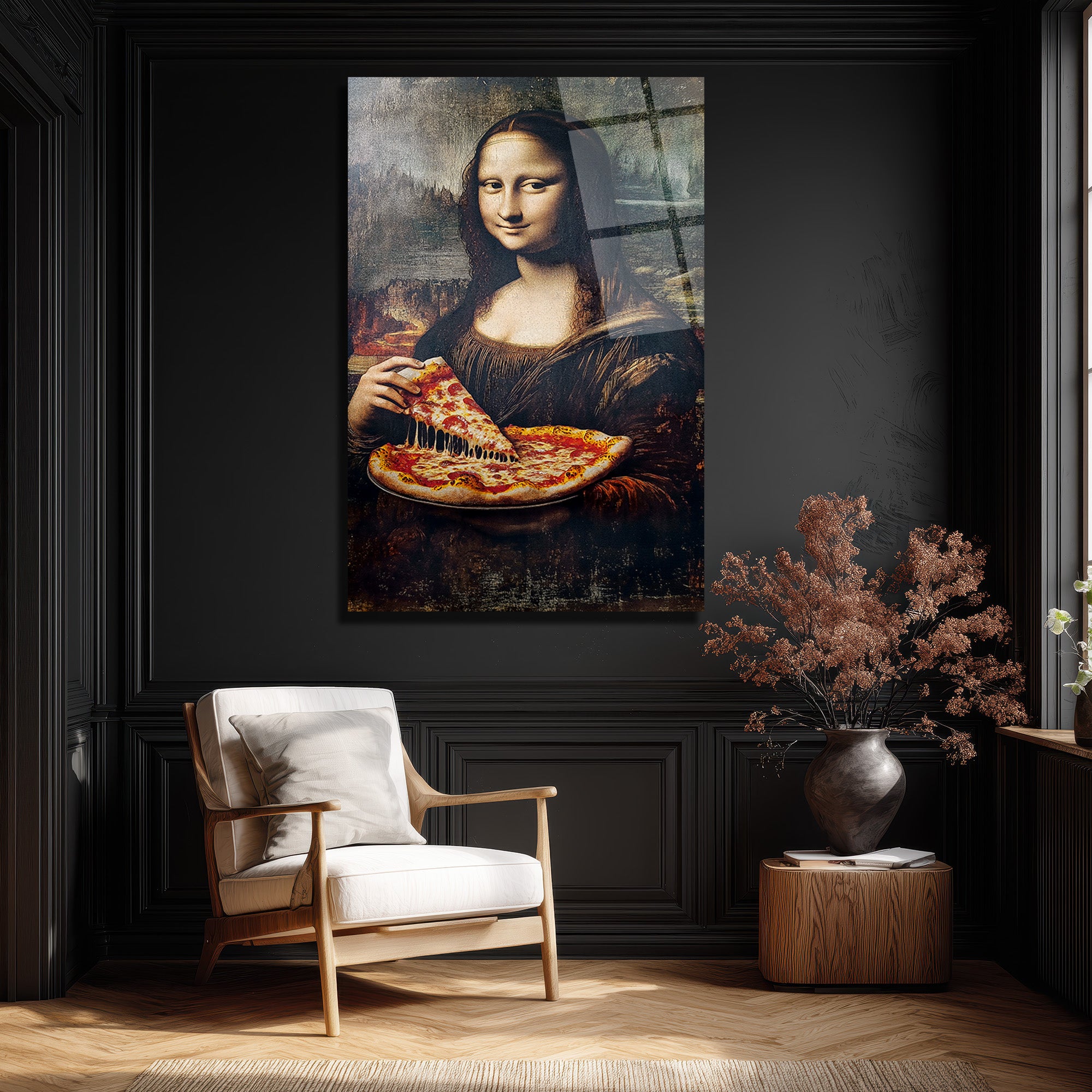 Mona Lisa Pizza Keyfi Cam Tablo - Modern Sanat Dokunuşu