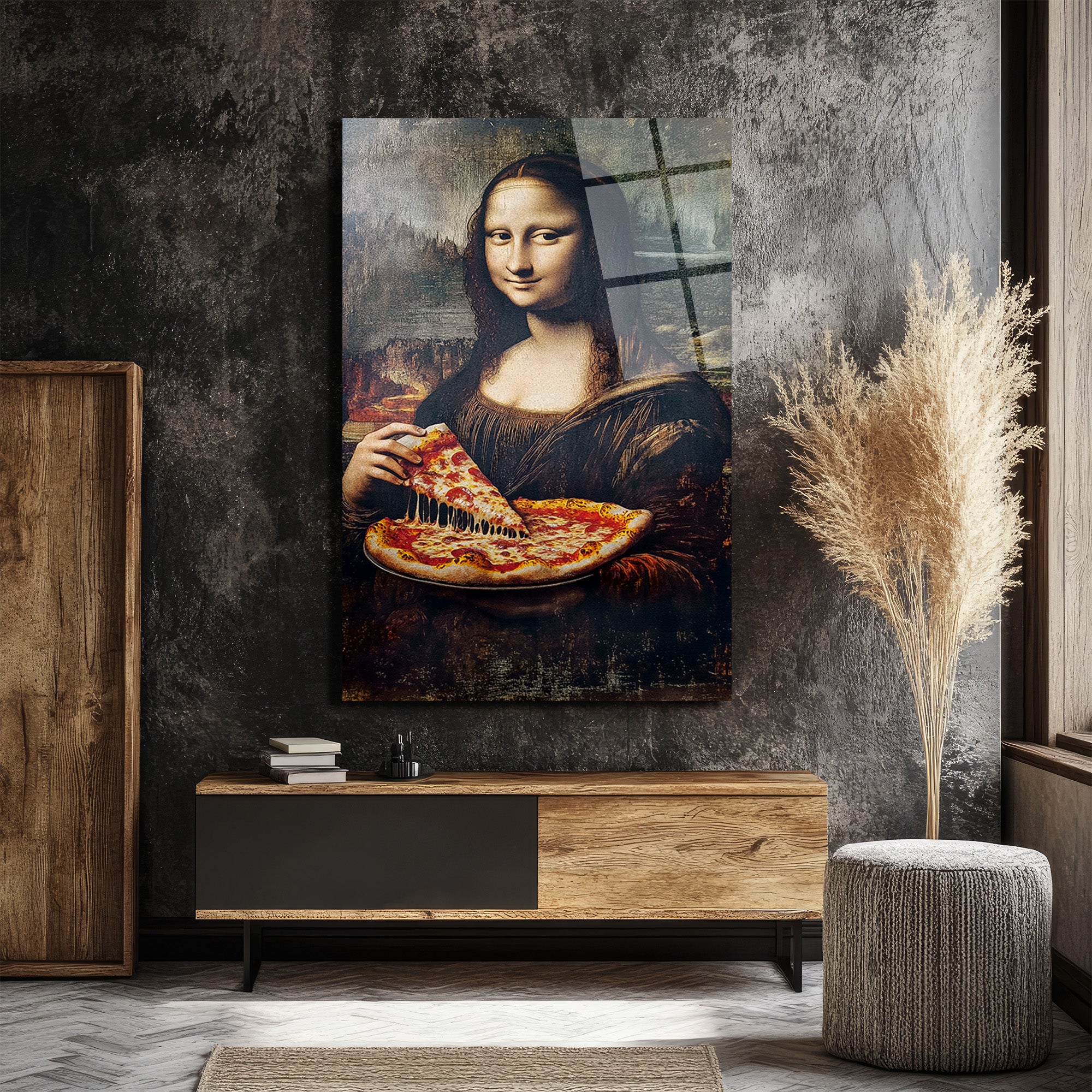 Mona Lisa Pizza Keyfi Cam Tablo - Modern Sanat Dokunuşu