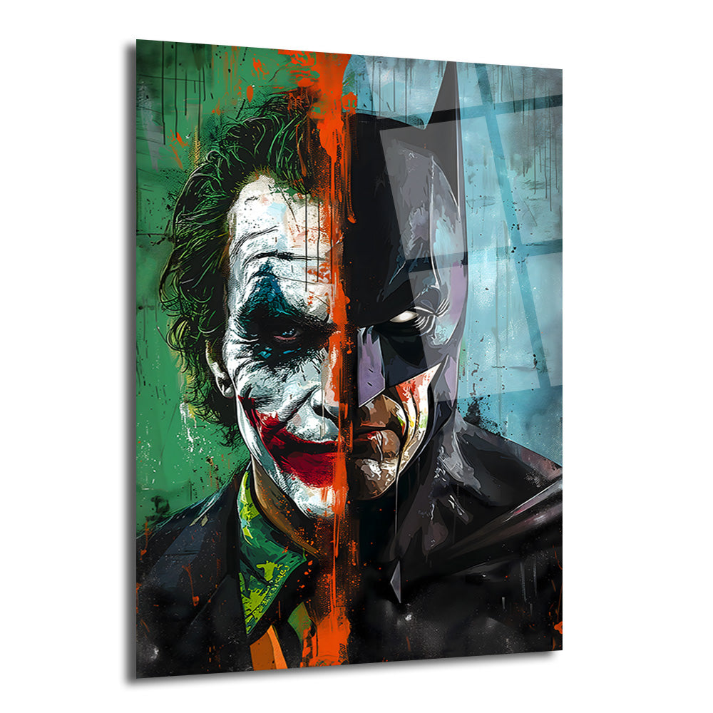 Yüzü ortadan ikiye ayrılmış, sol yarısı yeşil saçlı, beyaz makyajlı, kırmızı dudaklı Joker'i, sağ yarısı ise mor ve siyah tonlarında Batman'i gösteren graffiti tarzı, canlı renkli bir cam tablo.