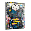 Urban pop art tarzında, figürünün merkezde olduğu, mavi tüylü bir karakterin yer aldığı, etrafında , grafiti yazıları, yıldızlar ve elmas sembolleri bulunan çok renkli ve dinamik bir cam tablo. Tabloda 'NO PLAN IS A GOOD PLAN' yazısı dikkat çekiyor.