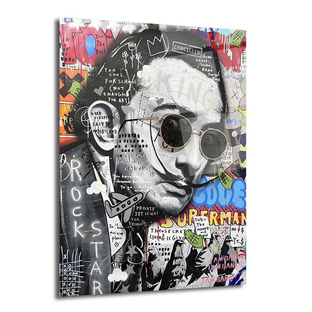 Siyah beyaz Salvador Dalí portresi, güneş gözlüklü ve bıyıklı, etrafında renkli graffiti, pop art öğeleri ve 'ROCKSTAR', 'KING' gibi yazılar içeren modern bir cam tablo.