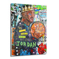 Graffiti ve sokak sanatı tarzında, üzerinde taç olan Michael Jordan'ı gösteren canlı renkli bir cam tablo. Jordan, bir basketbol topu tutuyor ve etrafı 'JORDAN', 'MONEY', 'POP' gibi yazılar, kalpler, yıldızlar ve çeşitli sembollerle dolu. Enerjik ve modern bir şehir sanatı eseridir.