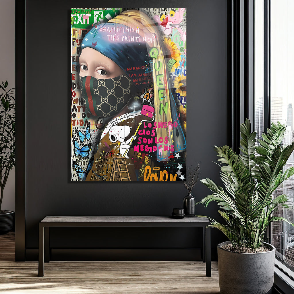 Banksy Esintili İnci Küpeli Kız Maskeli Modern Cam Tablo