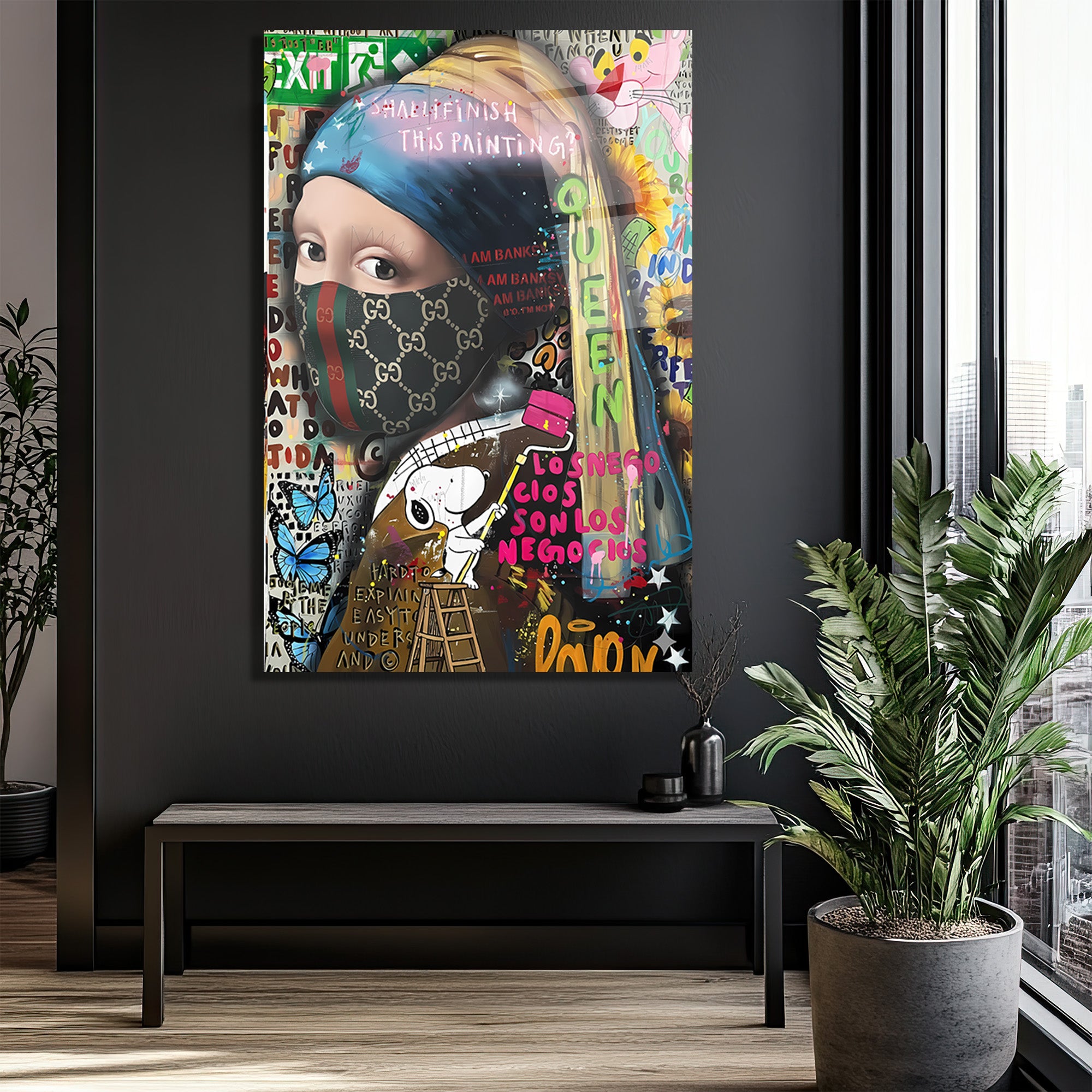 Banksy Esintili İnci Küpeli Kız Maskeli Modern Cam Tablo