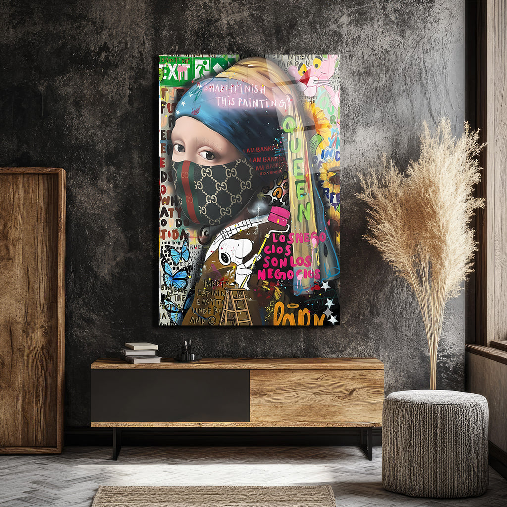 Banksy Esintili İnci Küpeli Kız Maskeli Modern Cam Tablo