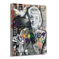 Pop Art tarzında, Marilyn Monroe'nun selfie çekerken gülümsediği, arka planında graffiti yazıları (Famous, Pop Art, Iconic), renkli kuş, Eyfel Kulesi, Olimpiyat halkaları ve elmas figürleri bulunan modern cam tablo.
