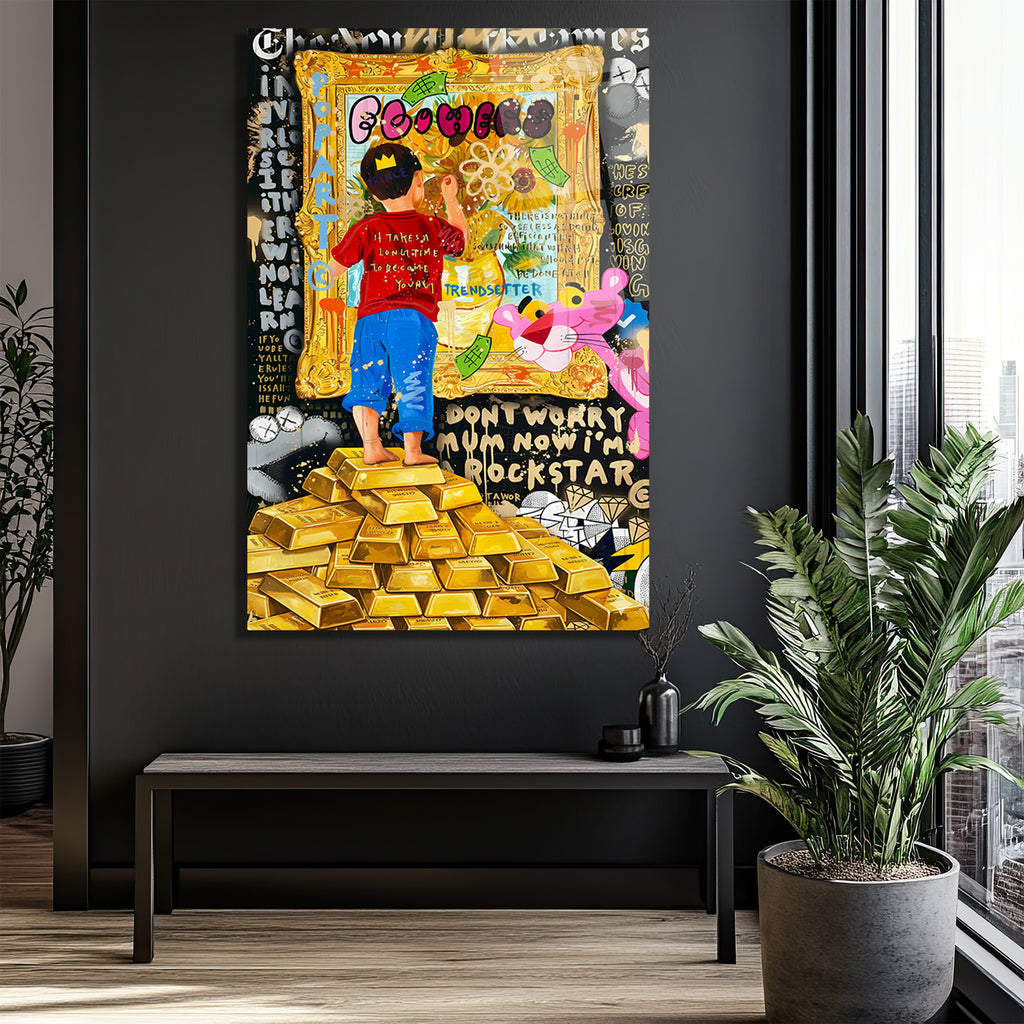 Hayallerini Çizen Çocuk Pop Art Cam Tablo | Altın Külçeleri  Teması