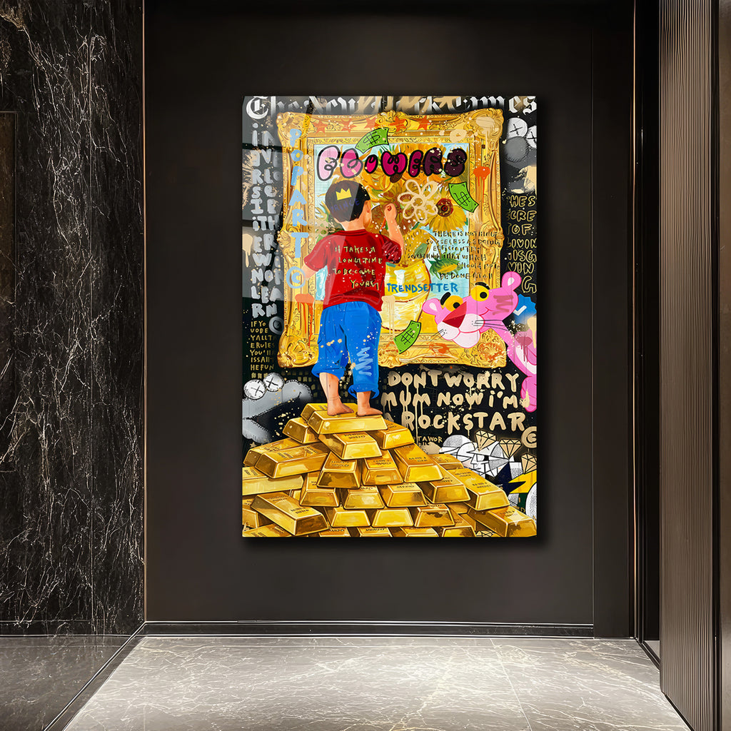 Hayallerini Çizen Çocuk Pop Art Cam Tablo | Altın Külçeleri  Teması