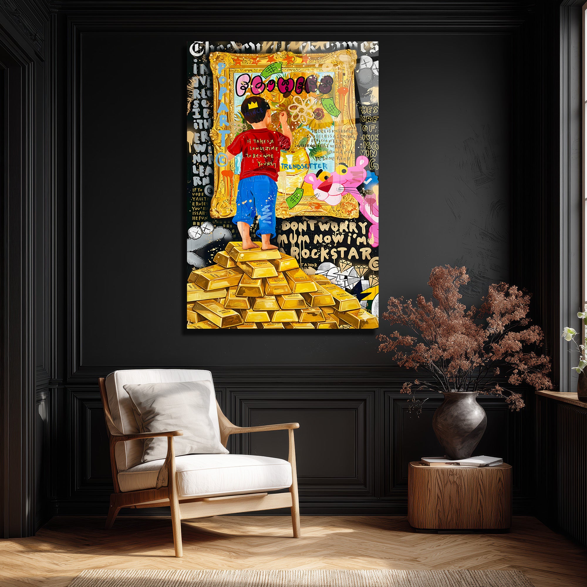 Hayallerini Çizen Çocuk Pop Art Cam Tablo | Altın Külçeleri  Teması