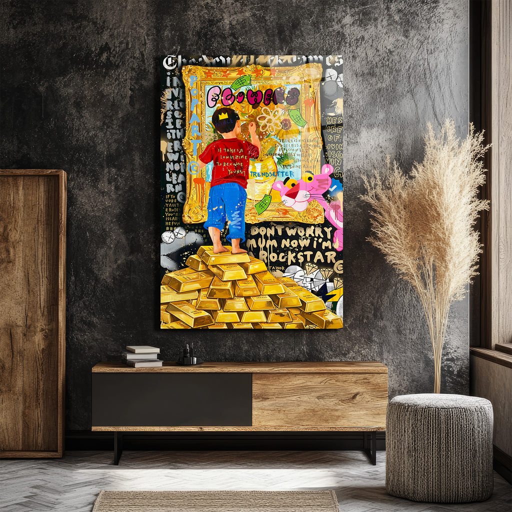 Hayallerini Çizen Çocuk Pop Art Cam Tablo | Altın Külçeleri  Teması