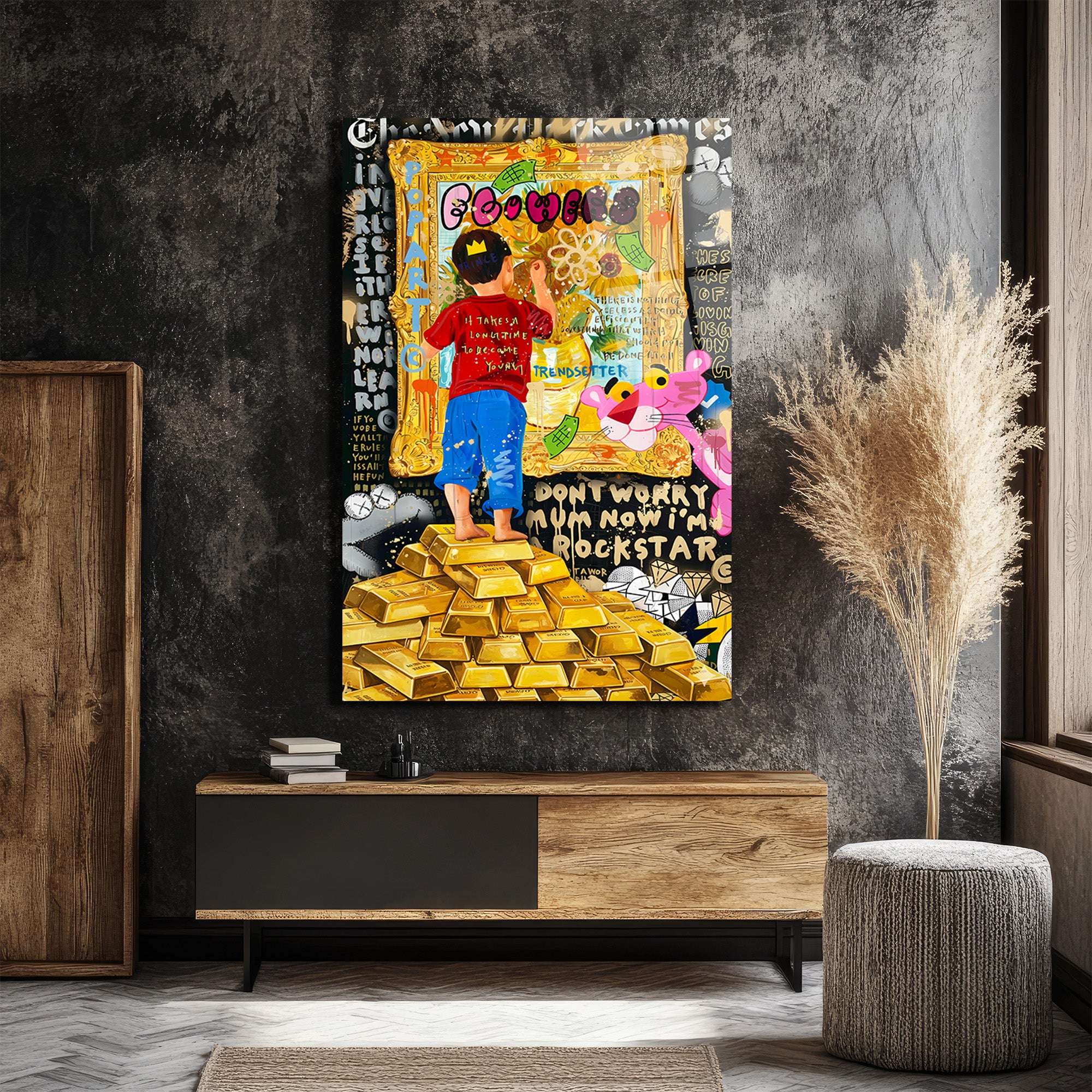 Hayallerini Çizen Çocuk Pop Art Cam Tablo | Altın Külçeleri  Teması
