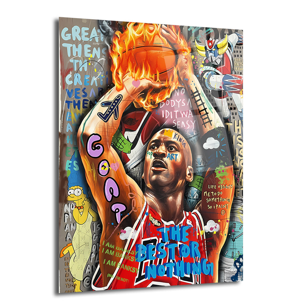 Michael Jordan'ın alevli bir basketbol topunu tutarken resmedildiği, canlı renklerde graffiti ve pop art öğeleriyle dolu bir cam tablo. Arka planda Simpsonlar karakteri ve Grendizer gibi detaylar, modern sokak sanatı tarzında işlenmiştir.