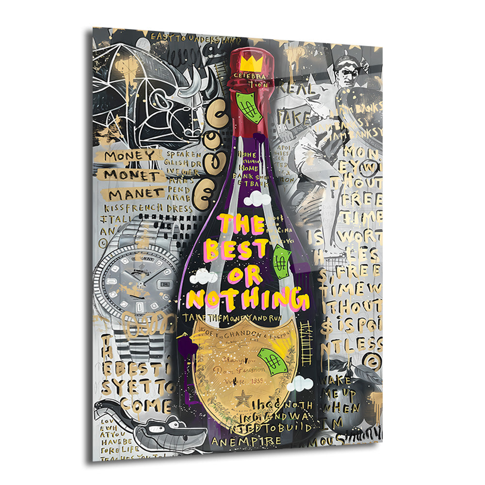 Siyah, altın ve mor tonlarında, pop art tarzı, üzerinde 'The Best Or Nothing' yazan bir şampanya şişesi ve çevresinde lüks saat, boğa figürü, para sembolleri ve motivasyonel yazılar bulunan modern bir cam tablo.